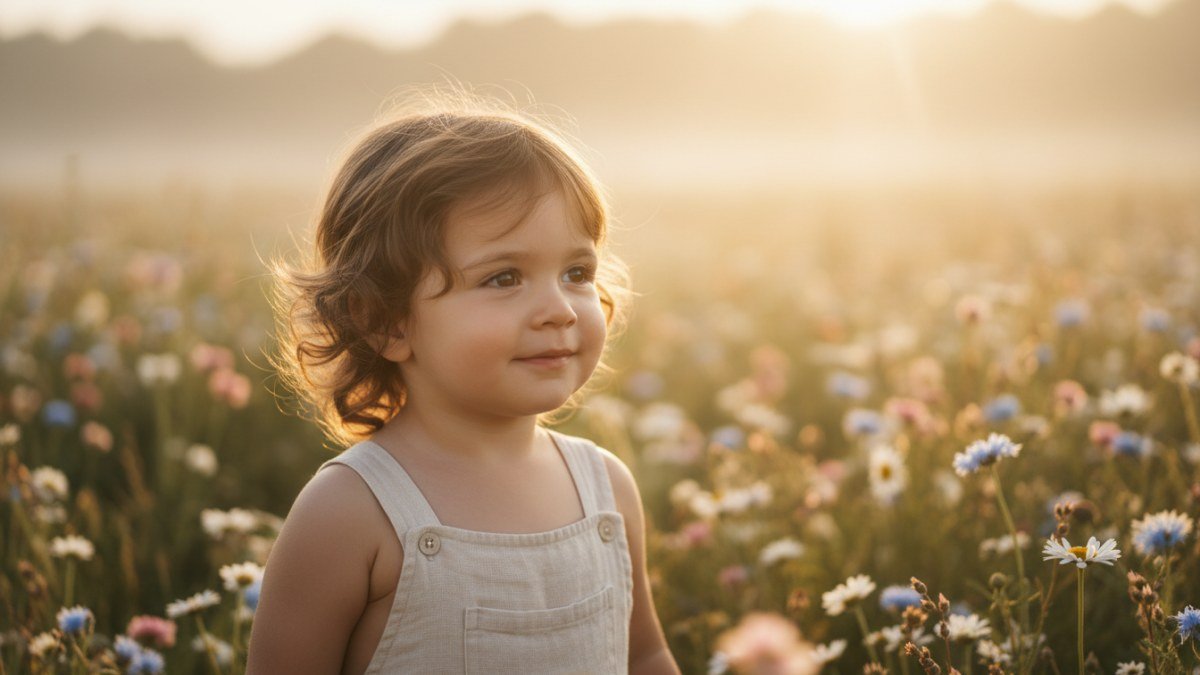 Crian&ccedil;a pequena com rosto iluminado por uma luz solar suave e dourada, transmitindo serenidade e esperan&ccedil;a, que remete ao significado de 'sol' do nome Ravi. Ideal para a escolha de nomes de beb&ecirc;s.