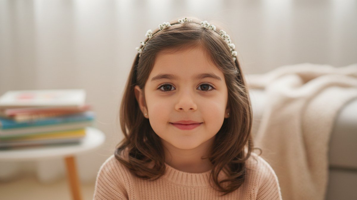 Menina pequena com cabelos castanhos claros e olhos expressivos, sorrindo de forma doce e gentil, representando a personalidade am&aacute;vel e marcante associada ao nome Mait&ecirc;.