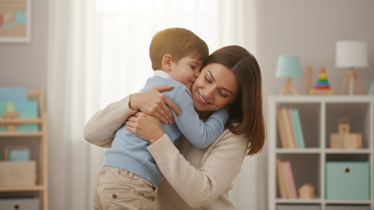 Pai ou m&atilde;e abra&ccedil;ando carinhosamente um menino pequeno, simbolizando amor, prote&ccedil;&atilde;o e o significado aben&ccedil;oado do nome Ben&iacute;cio.