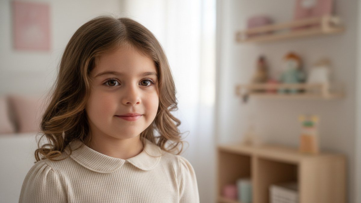 Menina com express&atilde;o calma e charmosa, simbolizando a personalidade &uacute;nica e o significado profundo do nome Antonella.