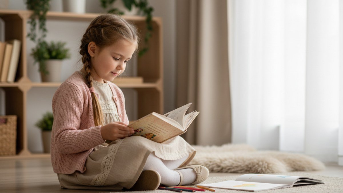 Menina com idade entre 5 e 7 anos, em um momento de leitura ou desenho, com express&atilde;o curiosa e pensativa. A cena, iluminada por luz natural, evoca a intelig&ecirc;ncia e sensibilidade associadas &agrave; personalidade de Cec&iacute;lia, em um ambiente infantil e acolhedor.