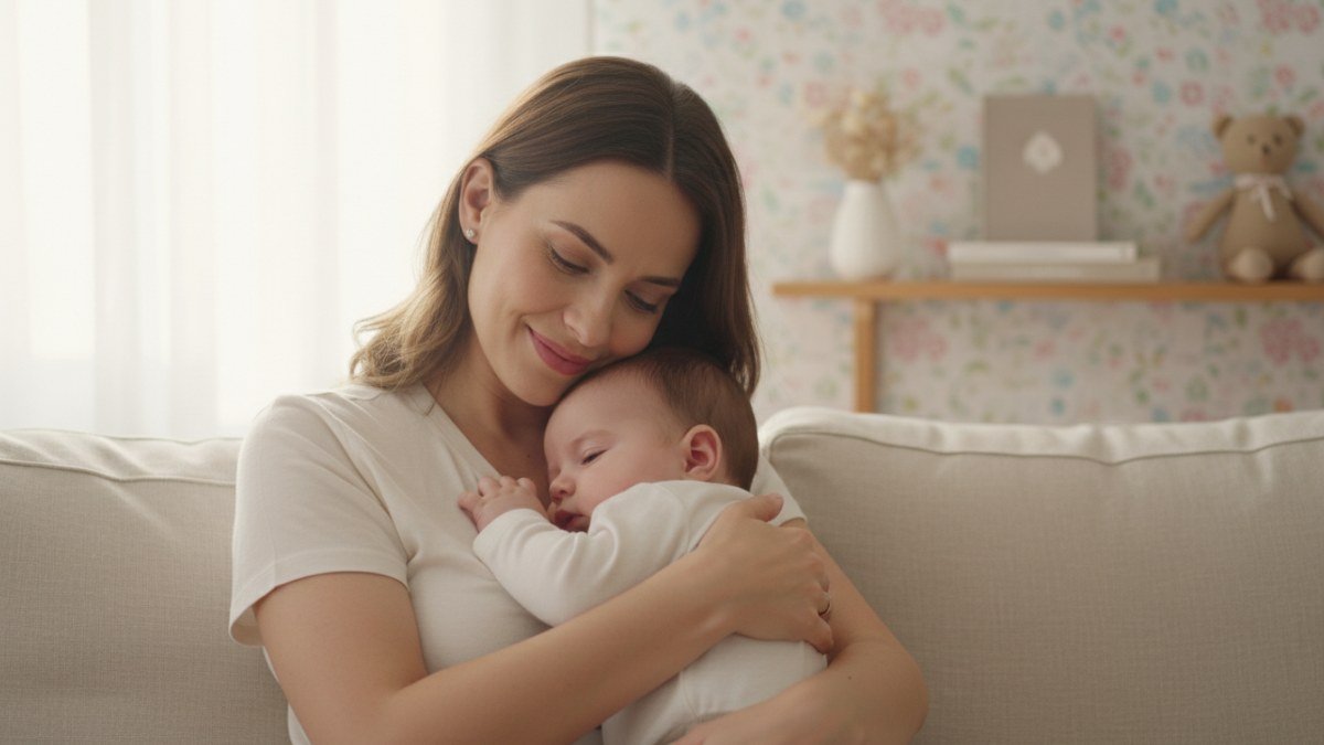 M&atilde;e ou pai abra&ccedil;ando um beb&ecirc; ou crian&ccedil;a pequena com carinho, simbolizando o amor e o significado por tr&aacute;s da escolha de um nome.