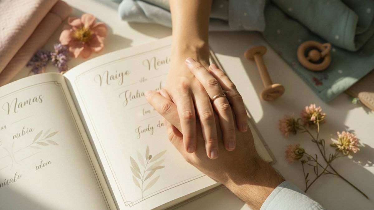 M&atilde;os de pais unidas sobre um livro de beb&ecirc;, simbolizando a escolha cuidadosa e cheia de amor do nome Antonella, com uma luz suave e acolhedora.