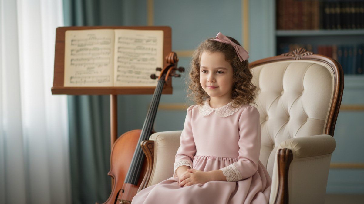 Menina em um cen&aacute;rio cl&aacute;ssico e suave, com elementos musicais sutis, vestindo roupas elegantes, representando a beleza e a tradi&ccedil;&atilde;o do nome Cec&iacute;lia.