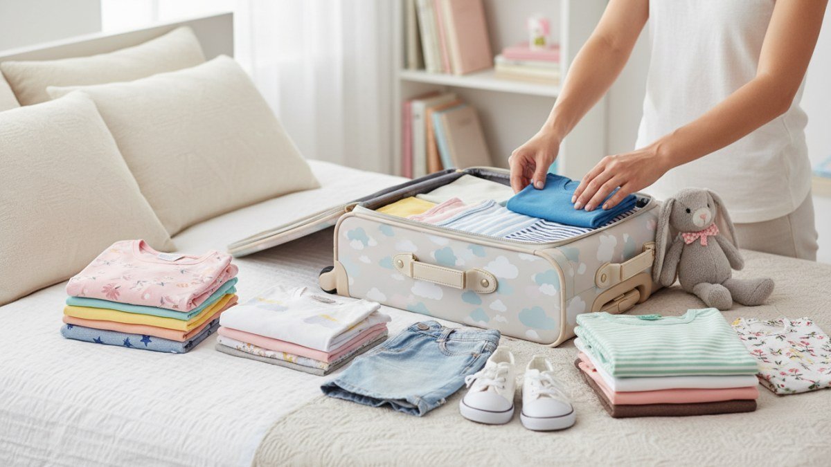 Mala de viagem infantil aberta sobre uma cama clara, com diversas roupas de crian&ccedil;a coloridas e dobradas sendo organizadas por uma m&atilde;o adulta, representando o planejamento para a viagem.
