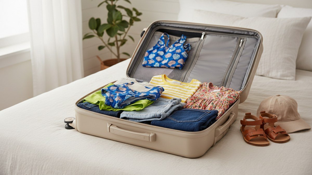 Mala de viagem infantil aberta sobre a cama, com roupas de moda infantil e juvenil cuidadosamente dobradas e organizadas para diferentes climas e destinos, incluindo pe&ccedil;as de ver&atilde;o e inverno. A imagem destaca a organiza&ccedil;&atilde;o e o planejamento para a viagem.