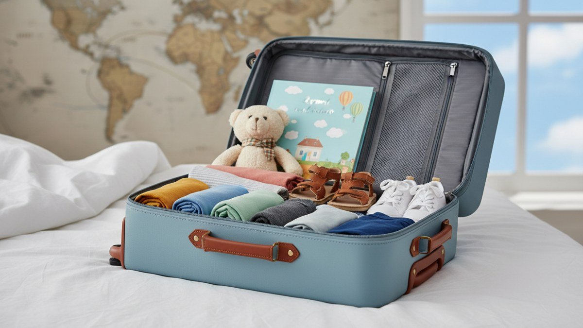 Mala de viagem infantil aberta e perfeitamente organizada com roupas coloridas, sapatos e brinquedos, simbolizando a prepara&ccedil;&atilde;o tranquila para uma viagem em fam&iacute;lia.
