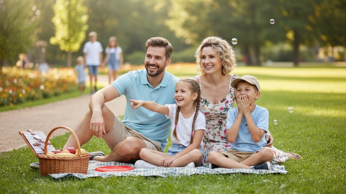 Fam&iacute;lia (pai, m&atilde;e, filha e filho) sentados no gramado de um parque, rindo e interagindo sob a luz do sol, transmitindo alegria e conex&atilde;o em um passeio de fim de semana.