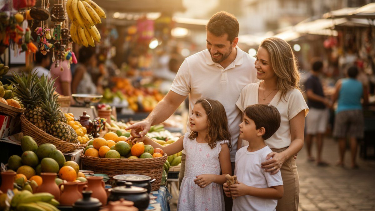 Fam&iacute;lia brasileira com pais e duas crian&ccedil;as (cerca de 6 e 10 anos) explorando uma feira livre ou mercado de rua vibrante. As crian&ccedil;as observam com curiosidade frutas frescas e artesanato, enquanto os pais conversam e apontam, criando um momento de aprendizado e conex&atilde;o familiar.