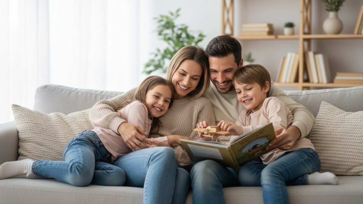 Fam&iacute;lia feliz (pai, m&atilde;e e filhos) abra&ccedil;ada no sof&aacute; de casa, rindo e desfrutando de um momento de carinho e conex&atilde;o. Crian&ccedil;as e pais juntos em um ambiente acolhedor.