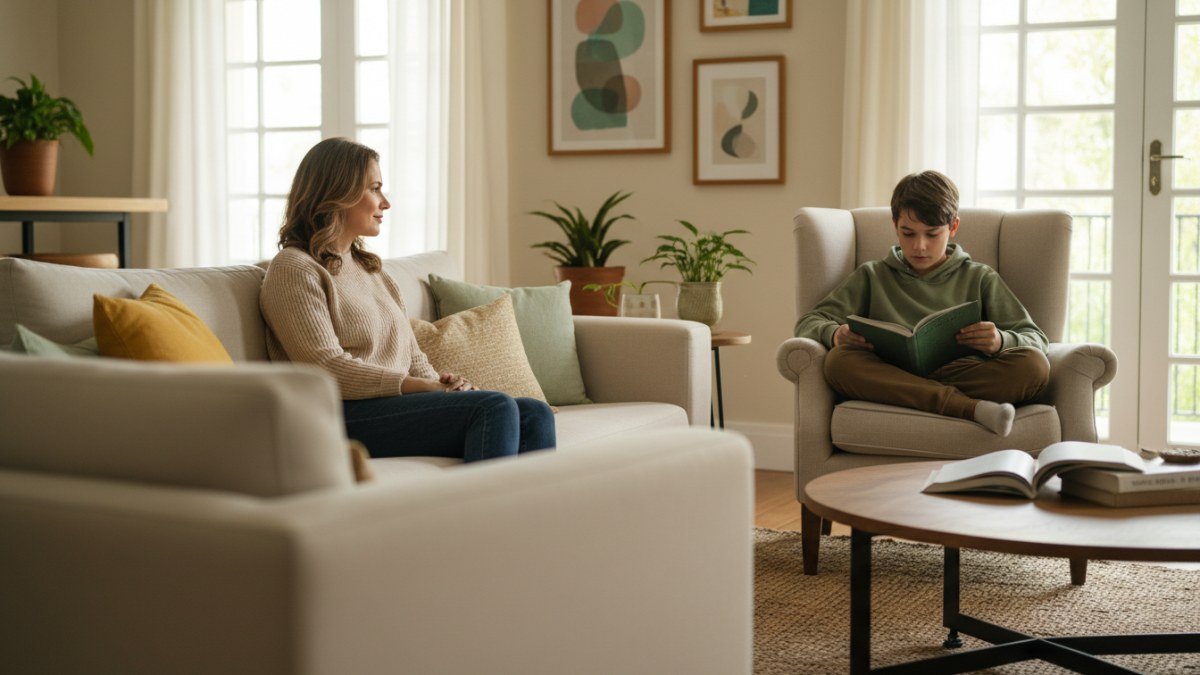 M&atilde;e ou pai olhando com carinho e pensatividade para o filho(a) pr&eacute;-adolescente em uma sala aconchegante, refletindo sobre a comunica&ccedil;&atilde;o familiar e o desejo de fortalecer o v&iacute;nculo.