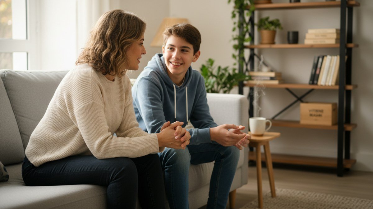 Um pai ou m&atilde;e e seu filho adolescente sentados confortavelmente, em um momento de di&aacute;logo aberto e escuta atenta, fortalecendo a conex&atilde;o familiar.