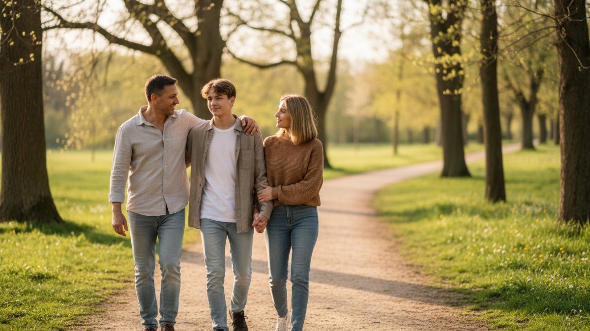 Uma fam&iacute;lia caminhando lado a lado em um parque, com os pais e o filho adolescente demonstrando carinho e conex&atilde;o silenciosa, sob a luz suave do entardecer. A imagem representa a jornada cont&iacute;nua de fortalecimento do v&iacute;nculo familiar.