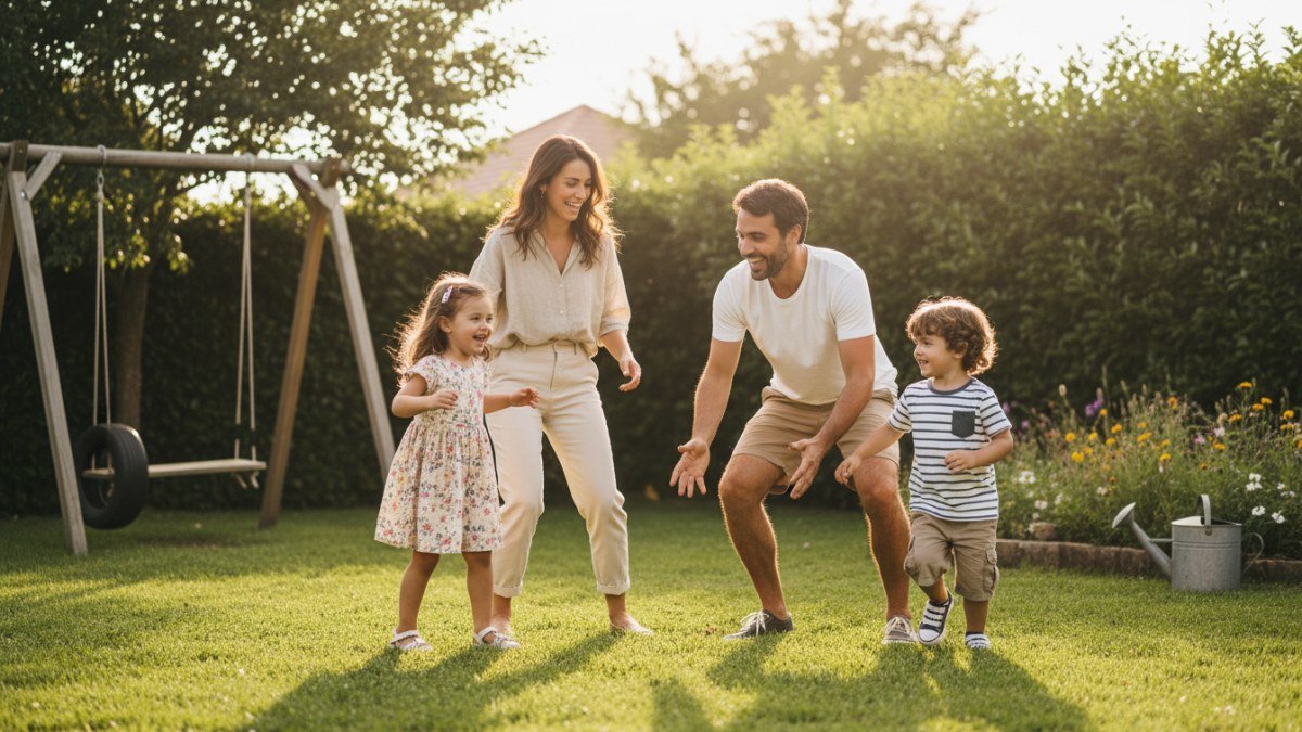 Uma fam&iacute;lia (pais e filhos) brincando feliz de pular corda em um quintal verde e ensolarado, vestindo roupas confort&aacute;veis para atividades ao ar livre, simbolizando a alegria das brincadeiras de quintal e a conex&atilde;o familiar.