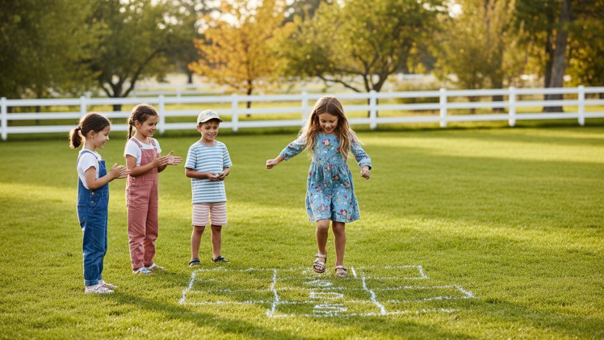 Crian&ccedil;as sorridentes brincando de amarelinha em um quintal ensolarado, vestindo roupas leves e coloridas da Vitrine Madri, simbolizando a alegria das brincadeiras de quintal antigas.