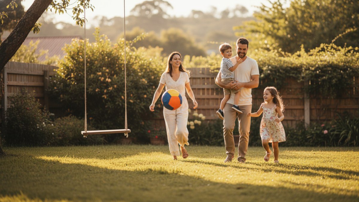 Fam&iacute;lia feliz brincando de jogos tradicionais no quintal ensolarado, pais e filhos construindo mem&oacute;rias afetivas com roupas confort&aacute;veis para atividades ao ar livre.