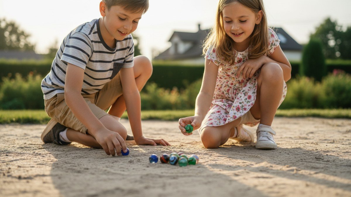 Duas crian&ccedil;as, um menino e uma menina, brincando de bolinha de gude em um ch&atilde;o de terra, com foco nas m&atilde;os e nas bolinhas coloridas. A cena remete &agrave; divers&atilde;o cl&aacute;ssica e ao ar livre.