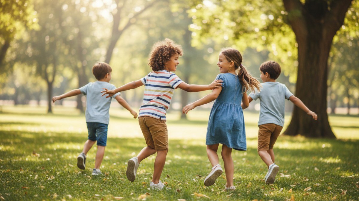 Crian&ccedil;as alegres e em movimento correndo e rindo enquanto brincam de pega-pega em um parque ensolarado.
