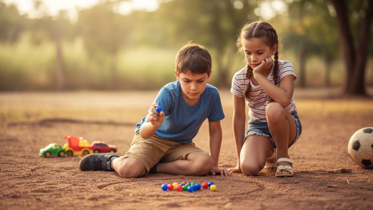Duas crian&ccedil;as, um menino e uma menina, agachadas e concentradas em uma partida de bolinha de gude em um terreno de terra. Uma delas est&aacute; prestes a lan&ccedil;ar uma bolinha colorida em dire&ccedil;&atilde;o a outras dentro de um c&iacute;rculo, enquanto a outra observa atenta.