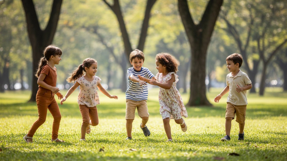 Grupo de crian&ccedil;as de idades variadas brincando animadamente de pega-pega em um parque ensolarado, correndo na grama e rindo, com foco na intera&ccedil;&atilde;o e movimento da brincadeira.