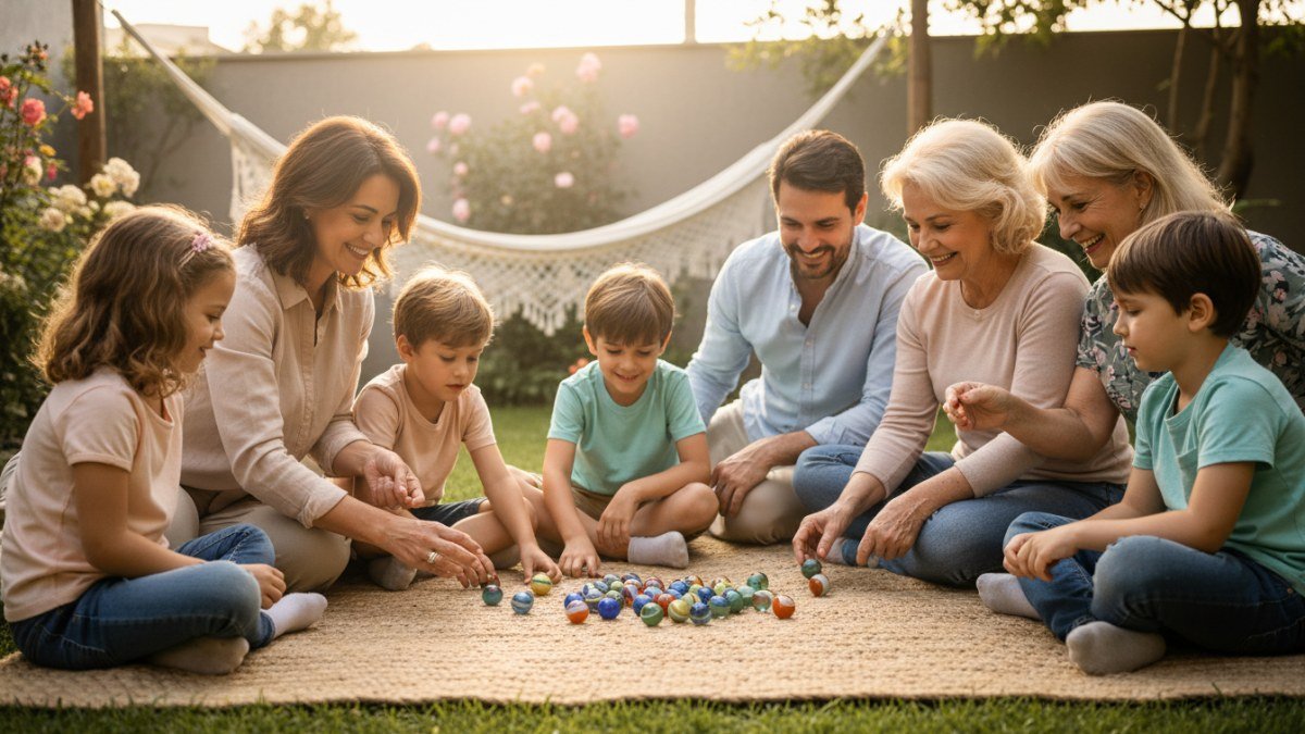 Crian&ccedil;as e adultos de diferentes gera&ccedil;&otilde;es, como pais e av&oacute;s, brincando juntos de bolinha de gude no ch&atilde;o, sorrindo e interagindo, em um ambiente familiar e acolhedor.