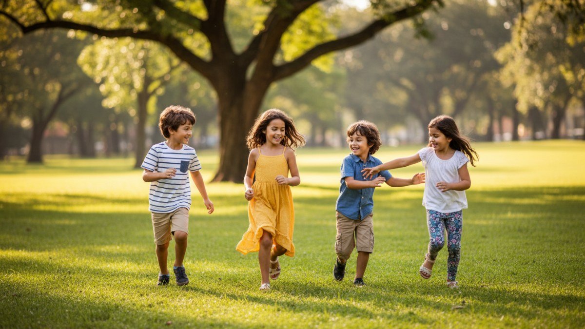 Crian&ccedil;as de diferentes idades correndo e rindo em um parque ensolarado, brincando de pega-pega. A imagem mostra a energia, a alegria e a intera&ccedil;&atilde;o social da brincadeira infantil ao ar livre.