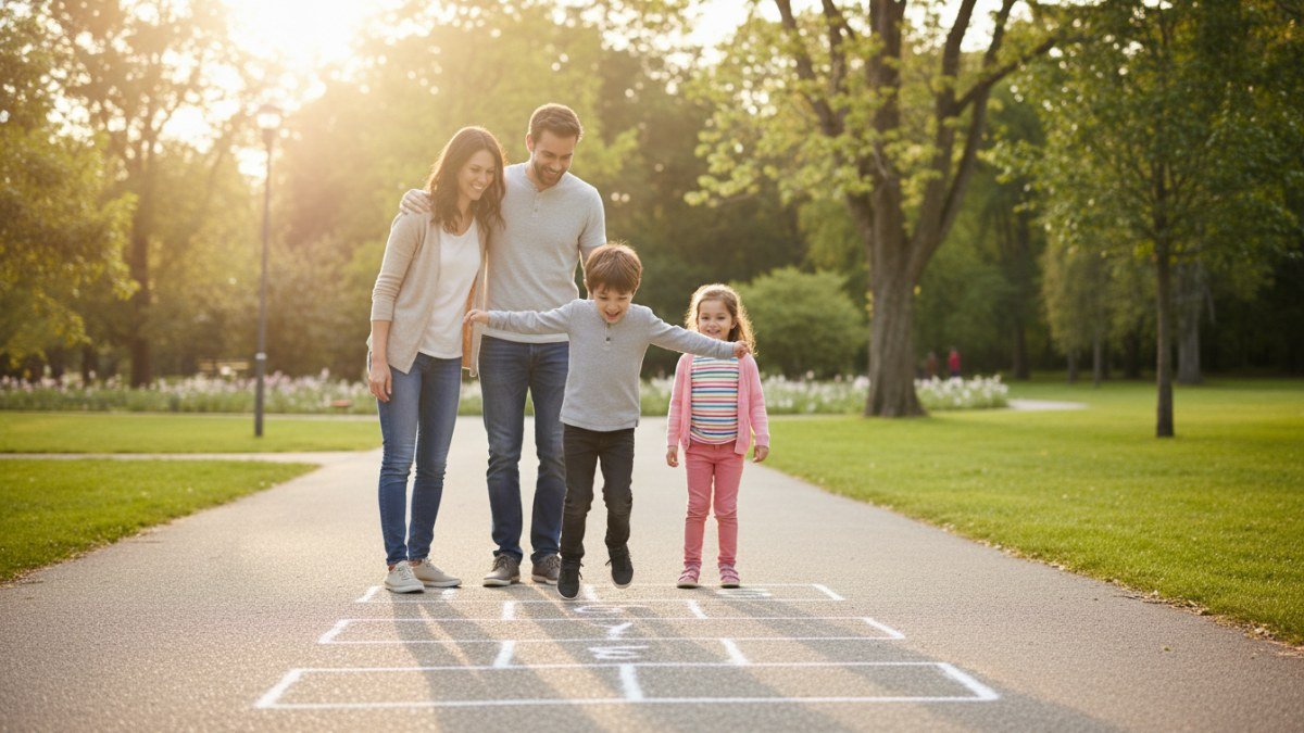 Fam&iacute;lia feliz (pais e duas crian&ccedil;as) brincando de amarelinha em um parque sob o sol, com uma crian&ccedil;a pulando e os outros sorrindo. A cena evoca alegria, conex&atilde;o familiar e o resgate de brincadeiras cl&aacute;ssicas.