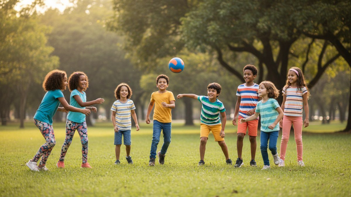 Crian&ccedil;as sorridentes brincando de queimada em um gramado verde, com alguns correndo e outros se preparando para lan&ccedil;ar a bola macia.