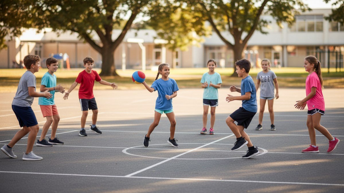 Crian&ccedil;as animadas jogando queimada em um campo demarcado, com um jogador arremessando a bola durante a partida.