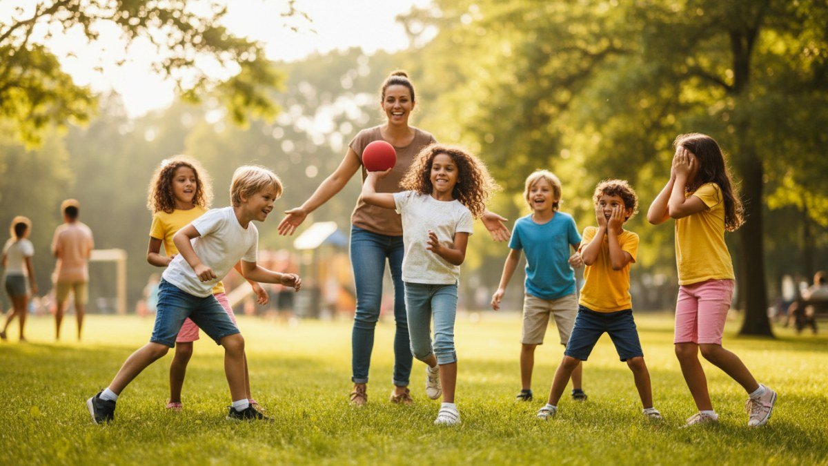 Crian&ccedil;as e um adulto sorrindo e se divertindo enquanto jogam queimada em um parque ensolarado, com uma crian&ccedil;a arremessando a bola e outras se preparando para desviar. A imagem captura a energia da brincadeira ao ar livre e a intera&ccedil;&atilde;o entre os participantes, refor&ccedil;ando a import&acirc;ncia do movimento e da conex&atilde;o familiar.
