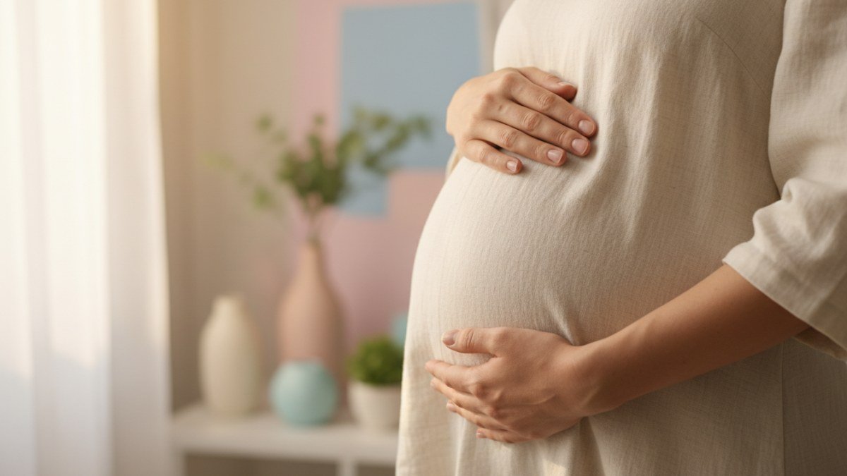 M&atilde;os de uma mulher gr&aacute;vida em um gesto de carinho sobre a barriga, em um ambiente iluminado e acolhedor, transmitindo a emo&ccedil;&atilde;o da espera e a reflex&atilde;o sobre o nome do beb&ecirc;.