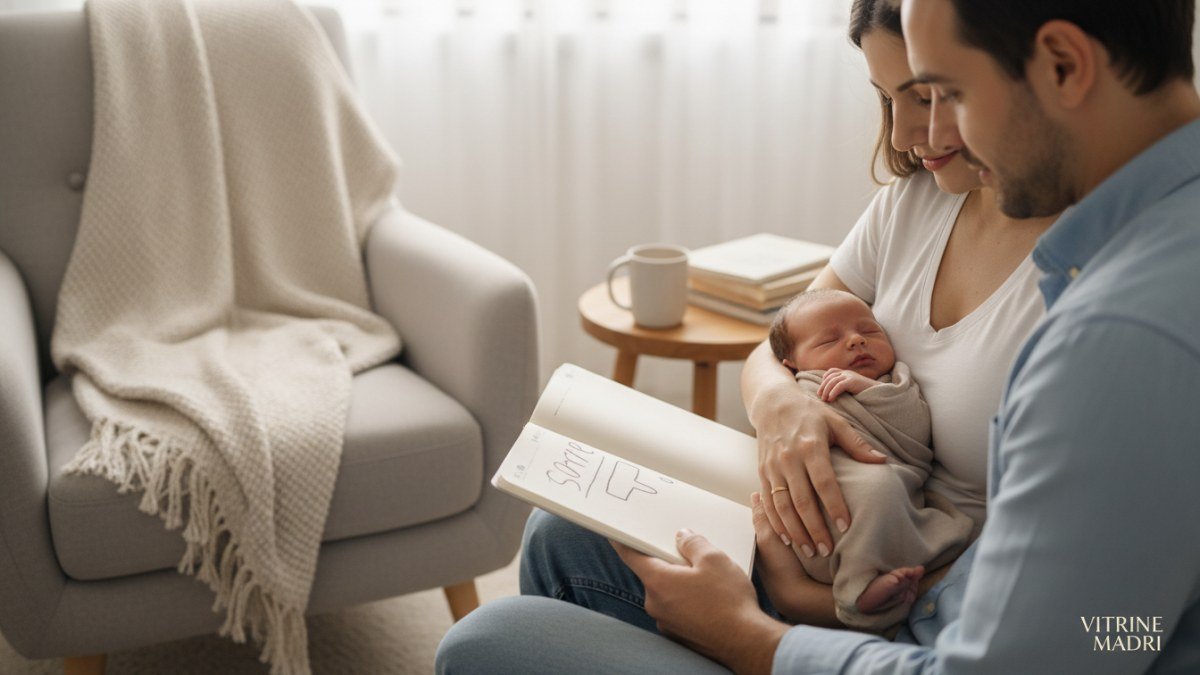 Pais carinhosamente observando seu beb&ecirc; rec&eacute;m-nascido, com um caderno e caneta &agrave; m&atilde;o, simbolizando o momento de escolher o nome perfeito. A cena transmite amor, aconchego e a import&acirc;ncia dessa decis&atilde;o.