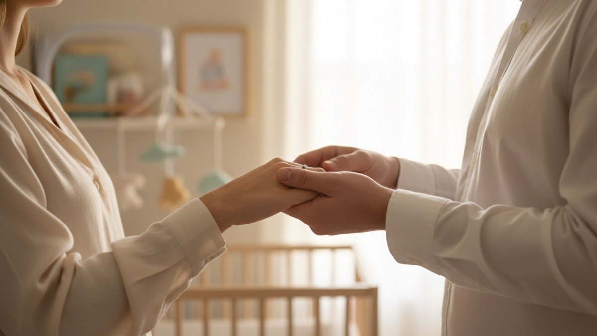 Um casal de pais com as m&atilde;os entrela&ccedil;adas, olhando com carinho e emo&ccedil;&atilde;o, simbolizando a decis&atilde;o conjunta e o amor na escolha do nome para a filha rec&eacute;m-chegada. A imagem transmite ternura, esperan&ccedil;a e o in&iacute;cio de uma nova fase familiar.
