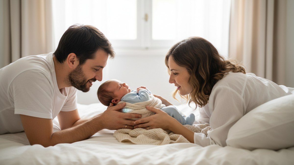 Pais amorosos segurando seu beb&ecirc; menino rec&eacute;m-nascido, olhando para ele com carinho e esperan&ccedil;a, simbolizando o in&iacute;cio de uma vida e a escolha significativa de seu nome.