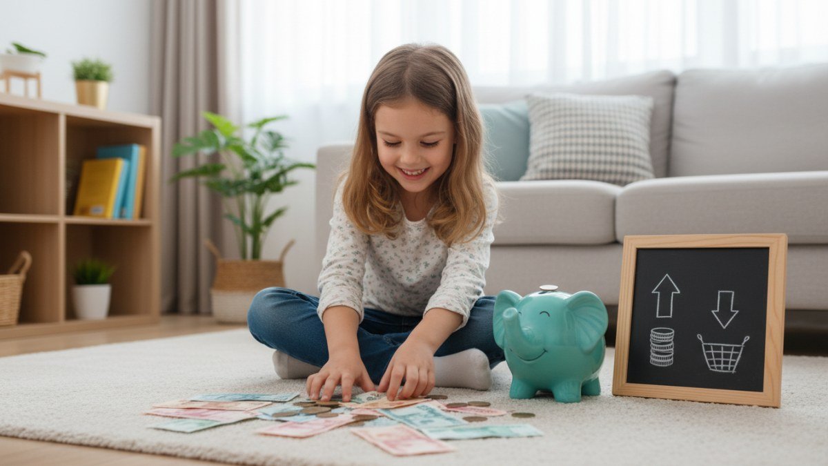 Crian&ccedil;a alegre aprendendo a lidar com dinheiro e um cofrinho, simbolizando o in&iacute;cio da educa&ccedil;&atilde;o financeira infantil e o uso da mesada.