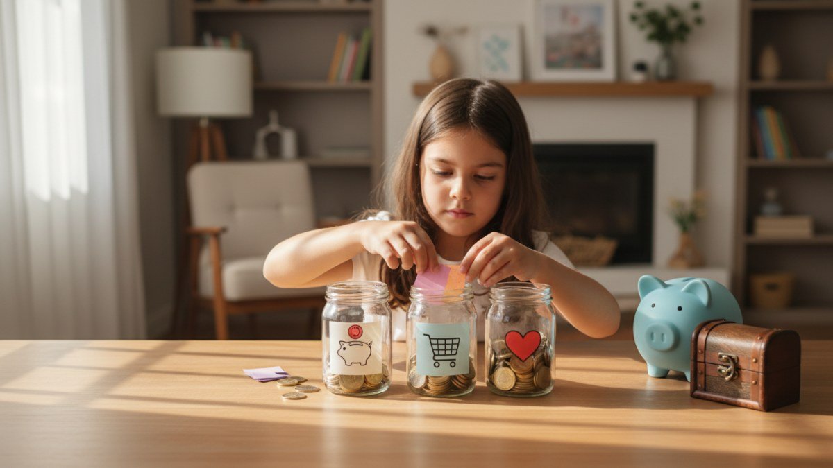 Uma crian&ccedil;a de idade escolar, com cerca de 8 anos, sentada em uma mesa de madeira clara, organizando moedas e pequenas notas em tr&ecirc;s potes transparentes rotulados "Poupar", "Gastar" e "Doar". Um porquinho mealheiro moderno est&aacute; ao lado, simbolizando o in&iacute;cio da educa&ccedil;&atilde;o financeira e a pr&aacute;tica de definir o valor e as regras da mesada.