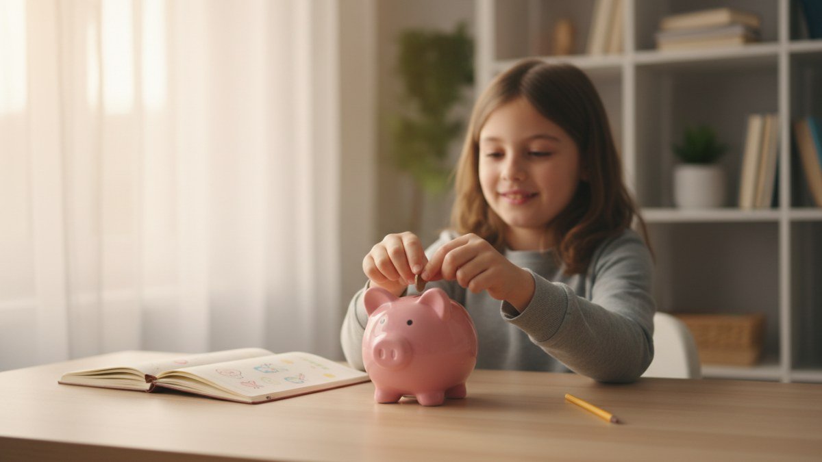 Crian&ccedil;a de aproximadamente 10 anos, vestindo roupas confort&aacute;veis, depositando uma moeda em um cofrinho de porquinho com um sorriso. A imagem simboliza o aprendizado da educa&ccedil;&atilde;o financeira infantil, a import&acirc;ncia de poupar e a constru&ccedil;&atilde;o de um futuro financeiro respons&aacute;vel atrav&eacute;s da mesada.