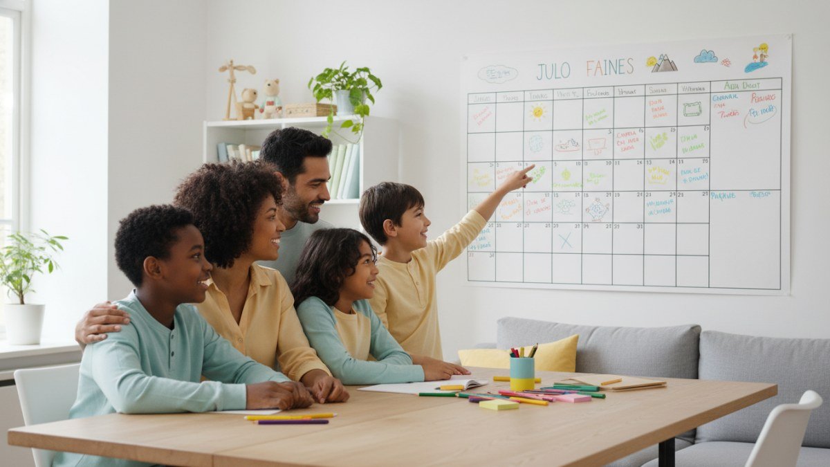 Fam&iacute;lia feliz (pais e duas crian&ccedil;as) em casa, sorrindo e planejando atividades para as f&eacute;rias escolares em um calend&aacute;rio de parede colorido.