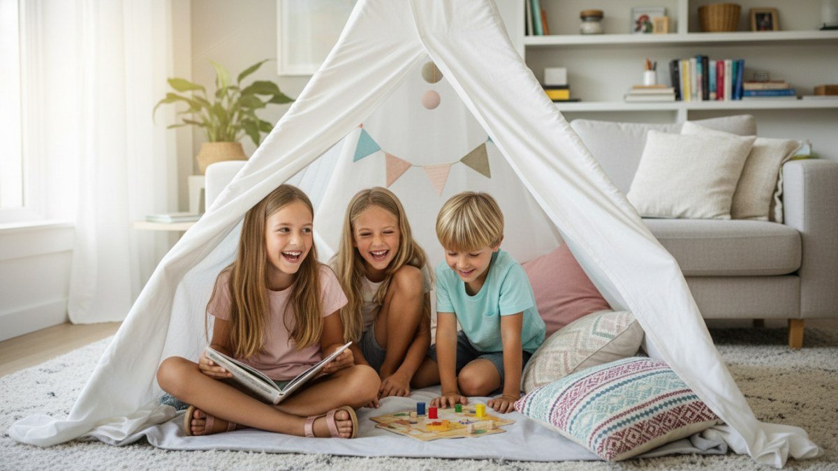 Crian&ccedil;as sorrindo e brincando dentro de uma cabana de len&ccedil;&oacute;is na sala de casa, representando atividades criativas e divertidas para fazer nas f&eacute;rias sem gastar muito.