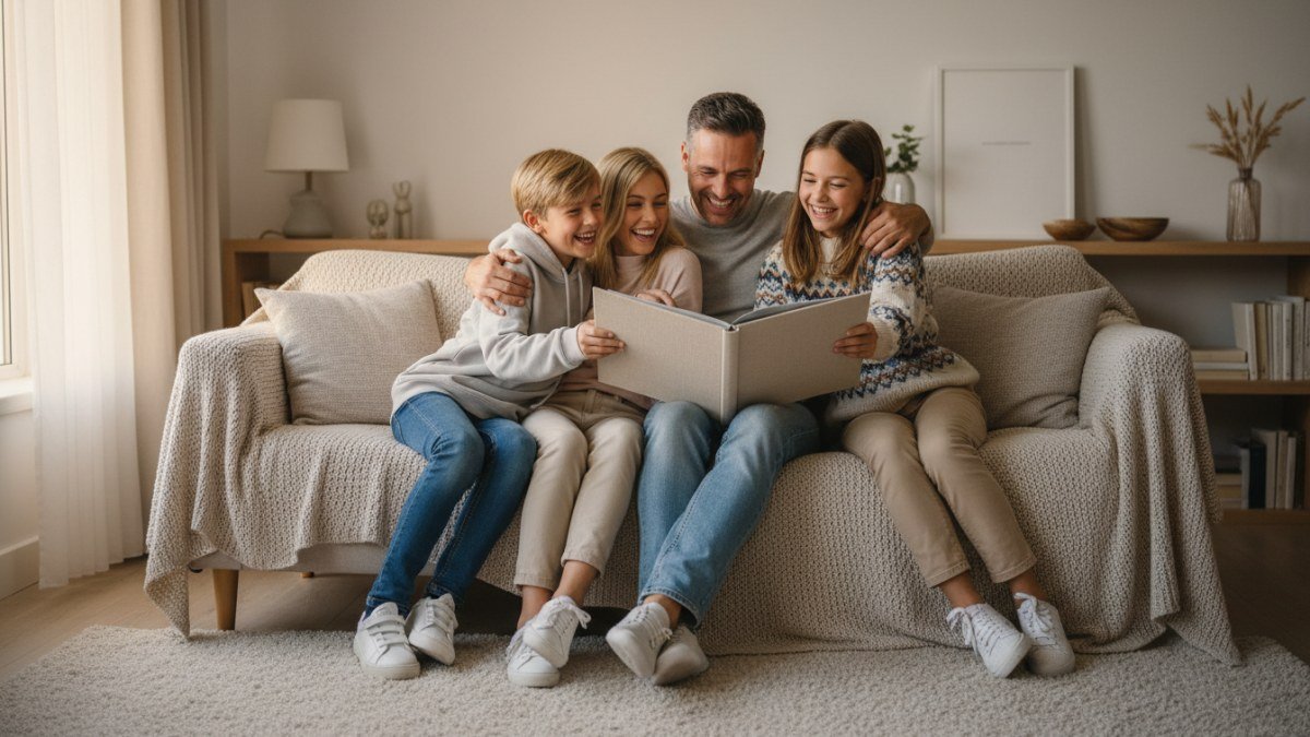 Fam&iacute;lia feliz, composta por pais e dois filhos (crian&ccedil;as ou pr&eacute;-adolescentes), abra&ccedil;ando-se e rindo em um sof&aacute; aconchegante, simbolizando a alegria e as mem&oacute;rias duradouras criadas durante as f&eacute;rias escolares com atividades simples e significativas.