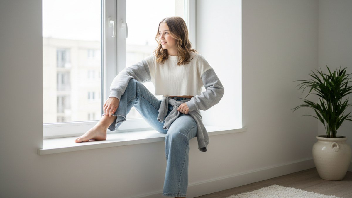 Menina pr&eacute;-adolescente (12-14 anos) com um look moderno e confort&aacute;vel, combinando cal&ccedil;a jeans wide leg e blusa colorida, em um quarto iluminado. A imagem reflete a fase de autodescoberta e a express&atilde;o do estilo pessoal na moda infantojuvenil feminina.