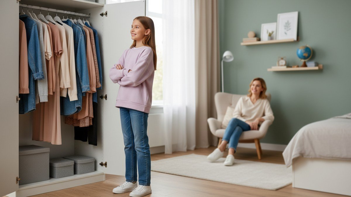 Uma pr&eacute;-adolescente com um sorriso pensativo em seu quarto, olhando para o guarda-roupa aberto cheio de roupas, enquanto a m&atilde;e observa carinhosamente ao fundo, simbolizando a autonomia e o apoio nas escolhas de estilo.