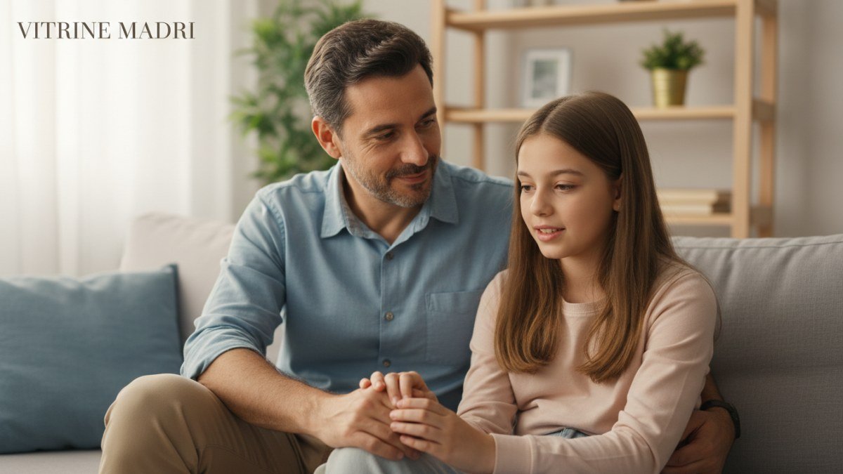Adulto e crian&ccedil;a pr&eacute;-adolescente (entre 9 e 12 anos) em um momento de conex&atilde;o e di&aacute;logo, transmitindo apoio e compreens&atilde;o m&uacute;tua. A cena reflete a import&acirc;ncia de fortalecer o v&iacute;nculo familiar durante as transforma&ccedil;&otilde;es da pr&eacute;-adolesc&ecirc;ncia.