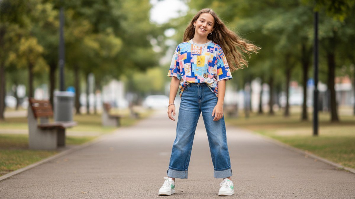 Menina de 12 anos vestindo moda infantojuvenil feminina atual, com camiseta oversized colorida, cal&ccedil;a jeans wide leg e t&ecirc;nis branco, mostrando conforto e estilo em um ambiente urbano e descontra&iacute;do.