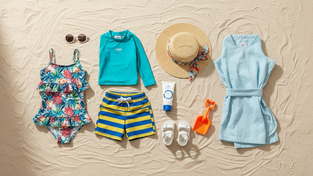 Uma vista a&eacute;rea de itens essenciais e roupas de banho coloridas para a mala de praia infantil, incluindo chap&eacute;u de sol, &oacute;culos e protetor solar, tudo organizado para uma viagem de ver&atilde;o.