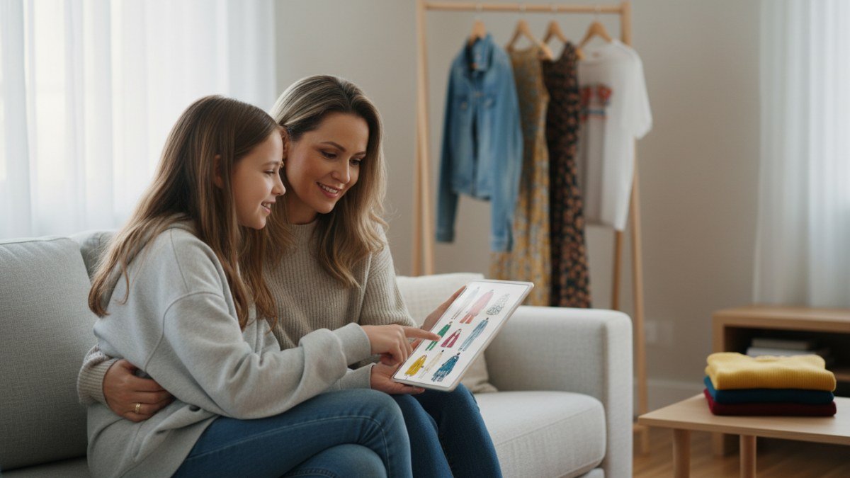 M&atilde;e e filha pr&eacute;-adolescente (11 anos) sentadas no sof&aacute;, olhando inspira&ccedil;&otilde;es de moda em um tablet. A m&atilde;e ouve atentamente a filha, que aponta para uma imagem, ilustrando o di&aacute;logo e a autonomia na escolha de roupas para pr&eacute;-adolescentes.