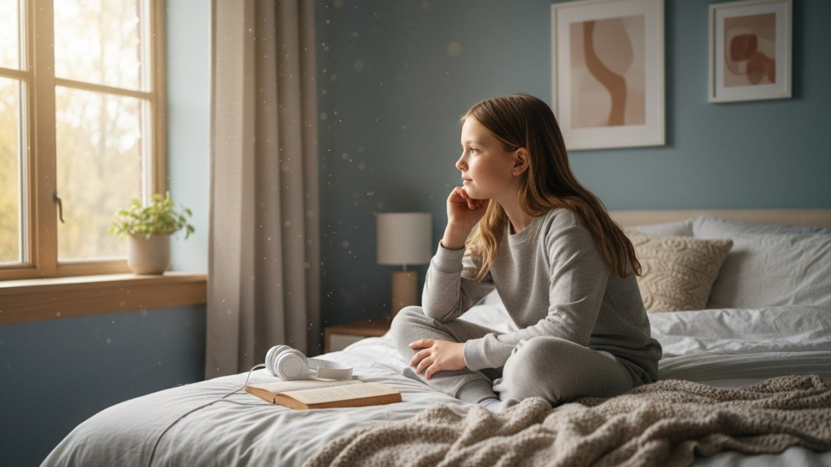 Menina pr&eacute;-adolescente em seu quarto, em um momento de introspec&ccedil;&atilde;o e busca por privacidade, representando os comportamentos t&iacute;picos dessa fase.