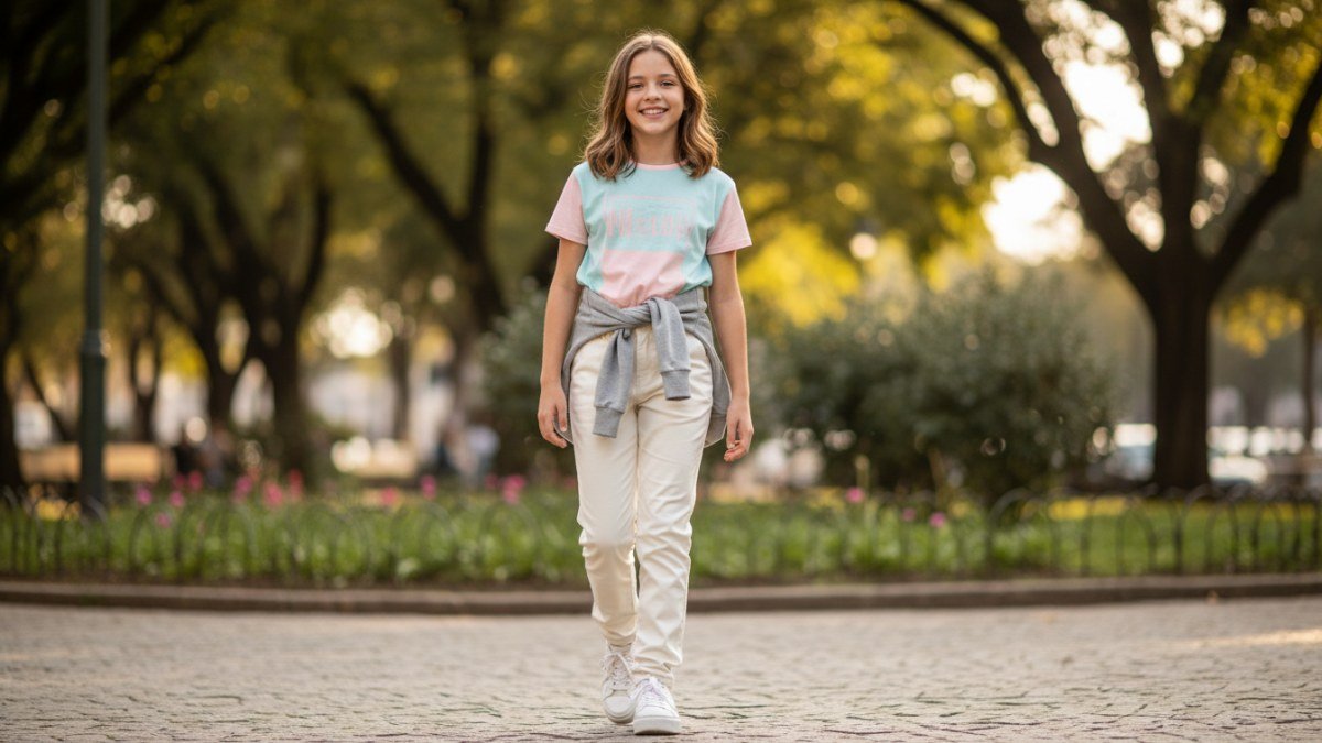Menina pr&eacute;-adolescente (11-13 anos) sorrindo com confian&ccedil;a, vestindo um look de moda infantojuvenil feminina moderno e confort&aacute;vel em um ambiente externo. A imagem destaca a express&atilde;o de sua individualidade e estilo.