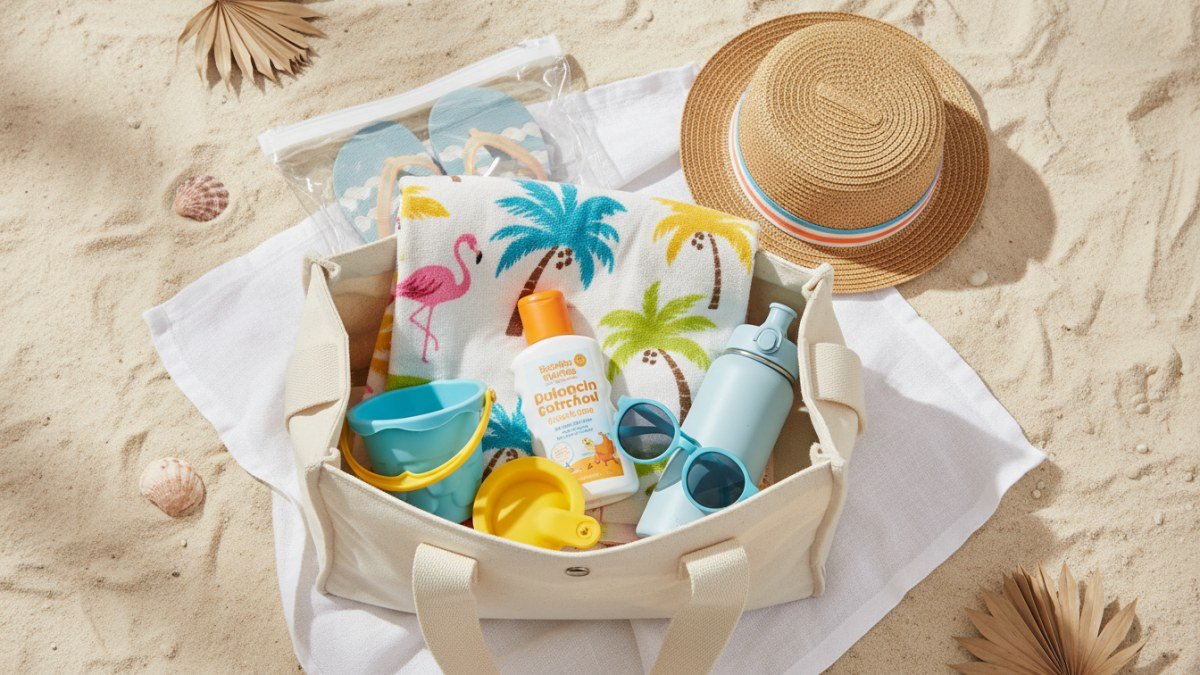 Mala de praia infantil aberta com uma variedade de itens essenciais cuidadosamente organizados, incluindo protetor solar, chap&eacute;u de sol, &oacute;culos, toalha colorida, brinquedos de areia e garrafa de &aacute;gua, prontos para um dia na praia.