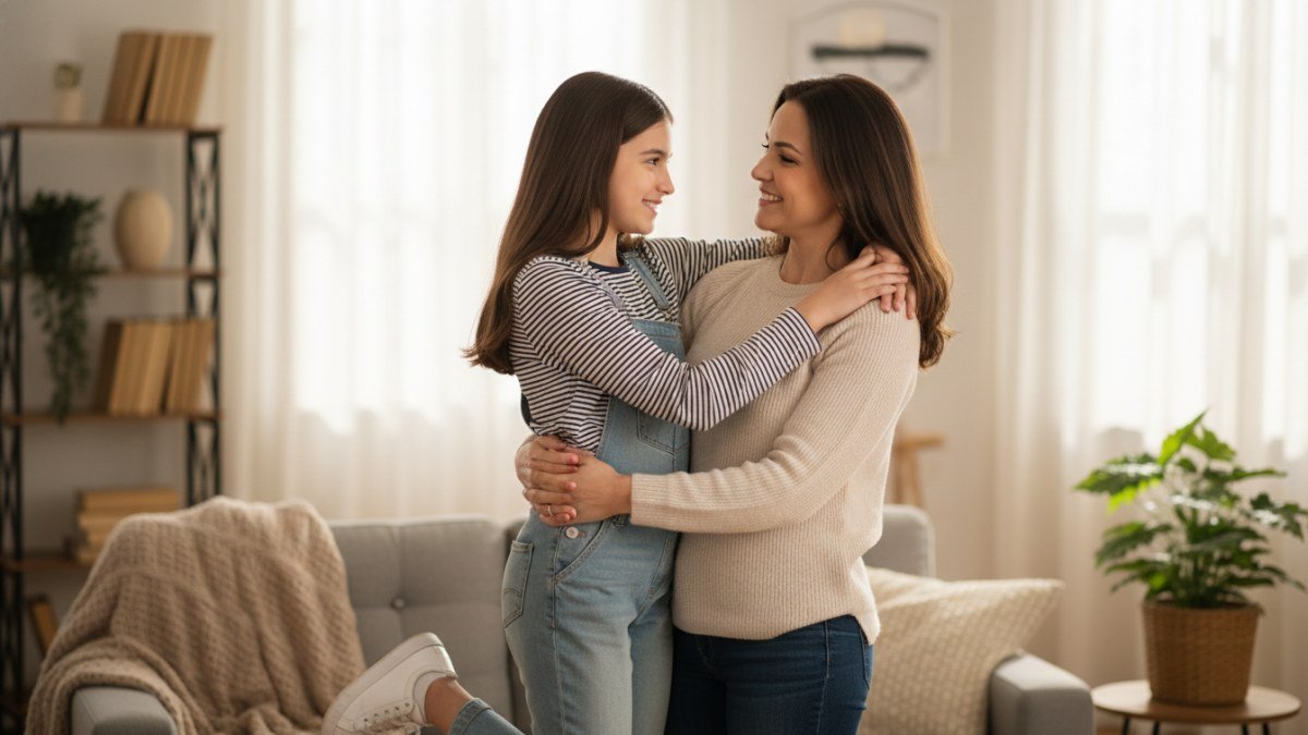 M&atilde;e e filha pr&eacute;-adolescente em um momento de abra&ccedil;o e conex&atilde;o, transmitindo amor, apoio e compreens&atilde;o m&uacute;tua durante essa fase de transi&ccedil;&atilde;o e desenvolvimento.